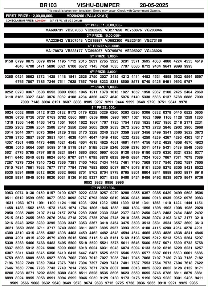 Vishu Bumper Lottery BR 103 Result