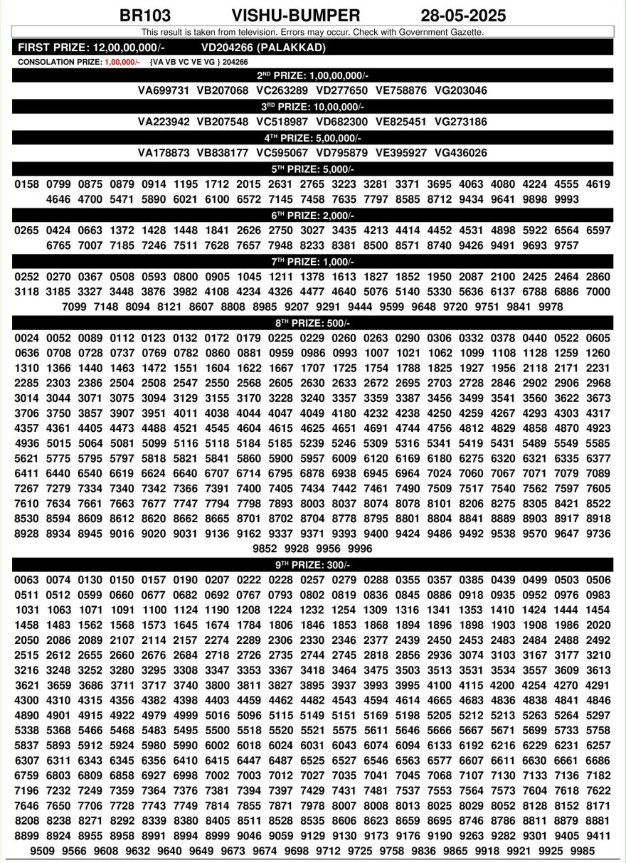 Vishu Bumper Lottery BR 103 Result