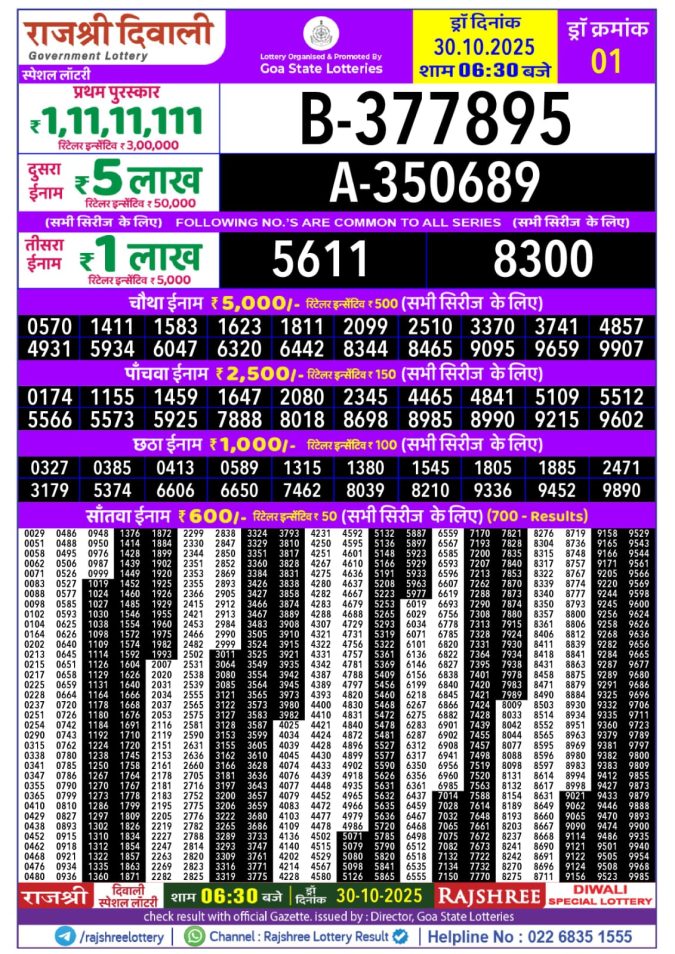 Rajshree Diwali Special Lottery Result