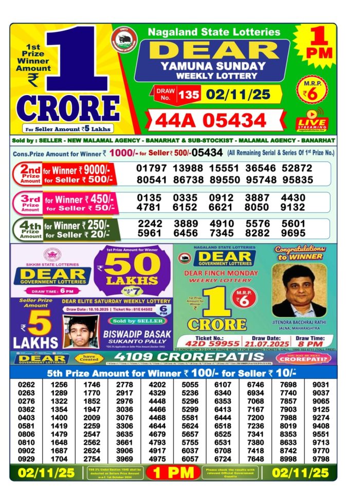Dear Yamuna 1pm Sunday Weekly Lottery Result 02/11/2025