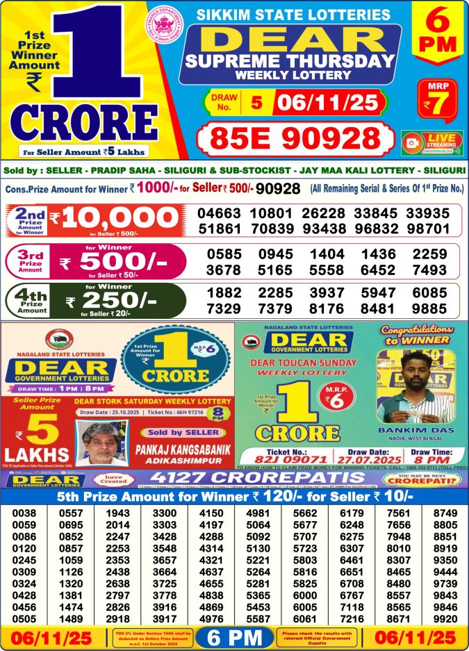 Dear Supreme Thursday Weekly Lottery Result 6pm 06/11/2025