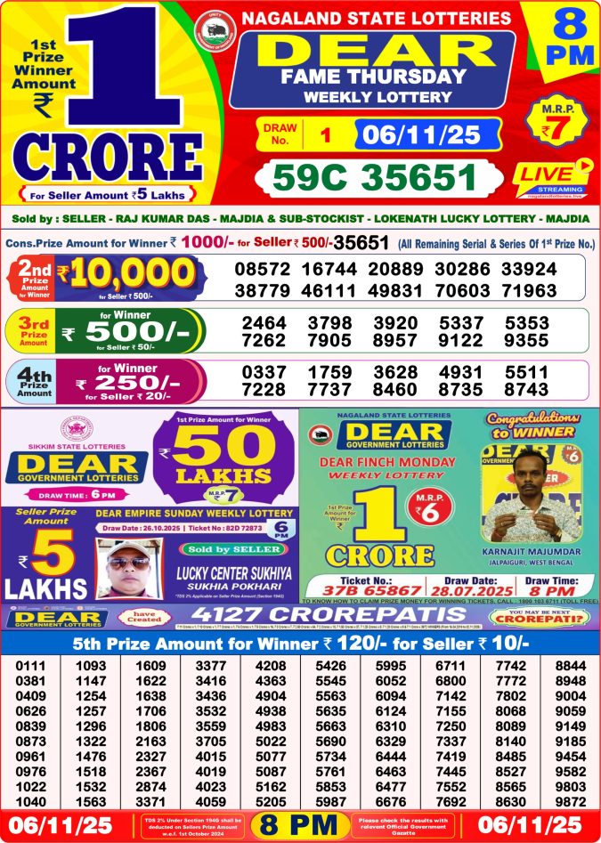 Dear Fame Thursday Weekly Lottery Result 8pm 06/11/2025