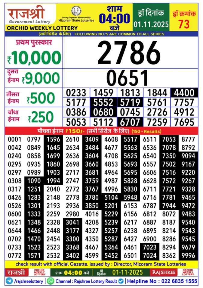 Rajshree Orchid 4pm Weekly Lottery Result 01/11/2025