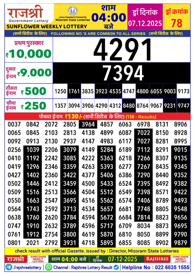 Rajshree Sunflower 4pm Weekly Lottery Result 07/12/2025
