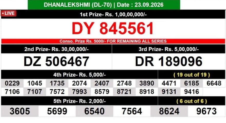 Kerala Lottery Result DL-70 Today 23/09/2026
