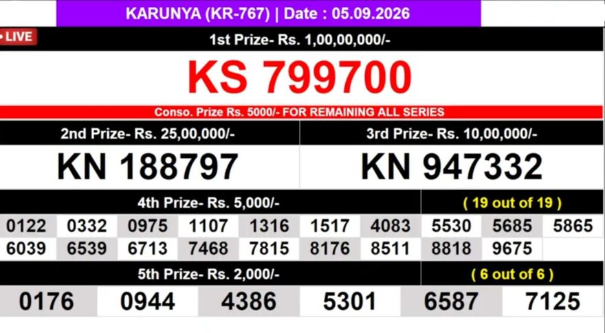 Kerala Lottery Result KR-767 Today 05/09/2026